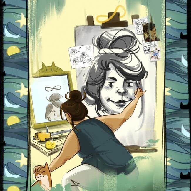 Cartoon-style drawing of a female artist looking into a mirror while painting a self-portrait with border of green and yellow