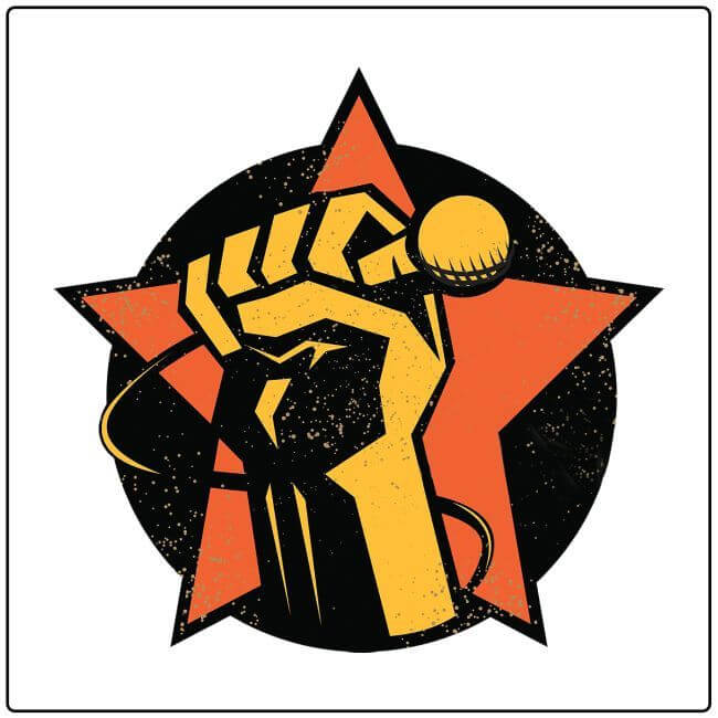 cartoon drawing of a yellow fist raised up while clutching a microphone