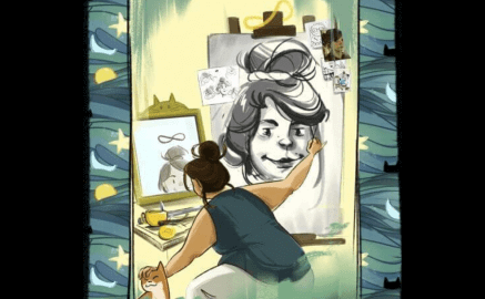 Illustration of a woman drawing a self-portrait on a canvas while looking into a mirror, surrounded by art supplies and sketches.