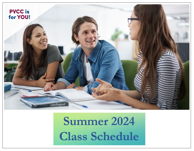 Cover of summer 2024 class schedule with three students engaged in conversation