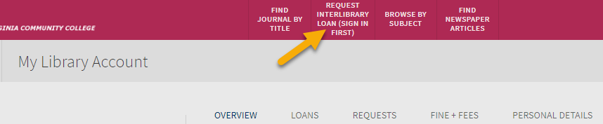 Arrow pointing to the "Request Interlibrary Loan" button in QuickSearch