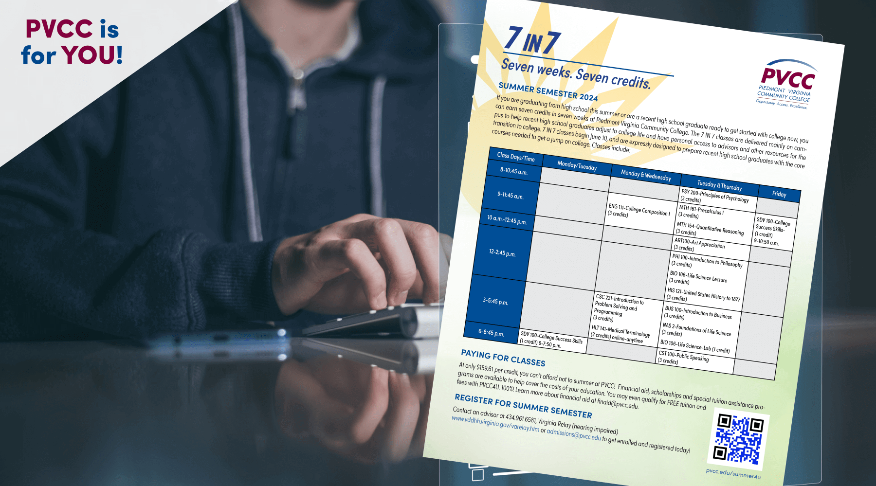 fact sheet of summer sessions in forefront of person with hand on computer